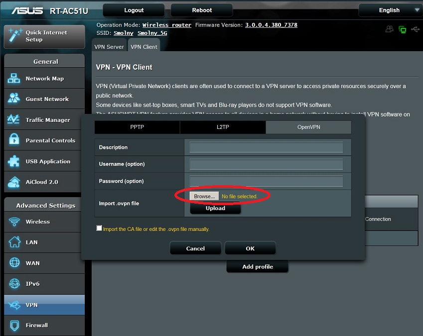 Настройка Asus, OpenVPN соединение, VPN туннель rt-ac51u загрузить файл профиля