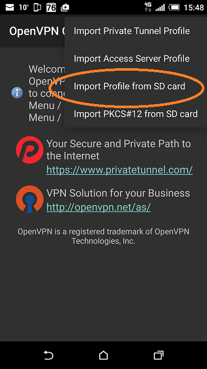 Настройка Android VPN туннель OpenVPN соединение шаг 4